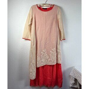 O-Nelue Floral Embroidered Asymmetric Layered Dress Large Ivory Red 3/4 Sleeve